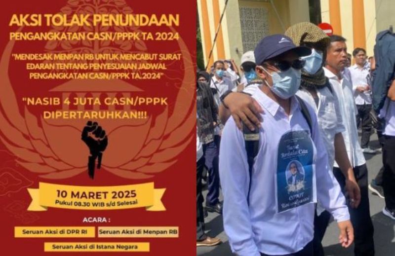 Potret poster aksi CPNS dan PPPK di Jakarta (kiri), dan peserta unjuk rasa yang mendesak MenPAN RB cabut edaran &lsquo;tunda pengangkatan&rsquo; (kanan).