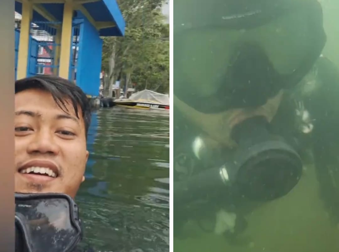 Lakeguard menyelam Telaga Sarangan untuk evekuasi HP pengunjung.