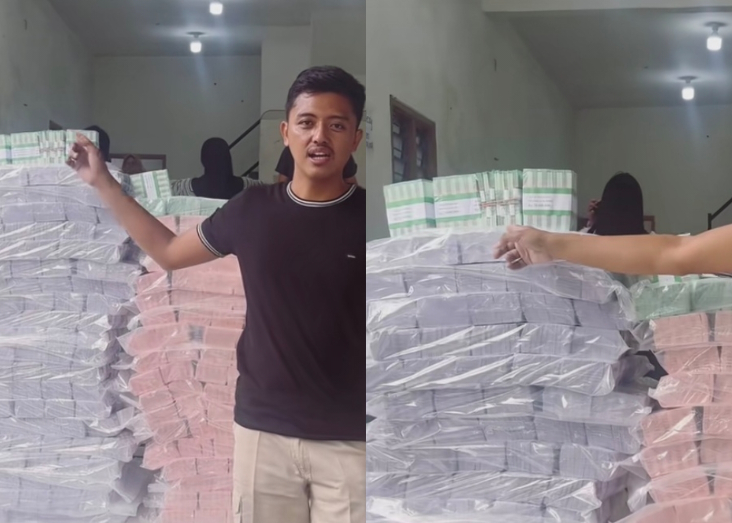 Pria di Pasuruan ini sedang memamerkan tumpukkan miliaran uang baru, diduga disiapkan untuk penukaran saat Lebaran.