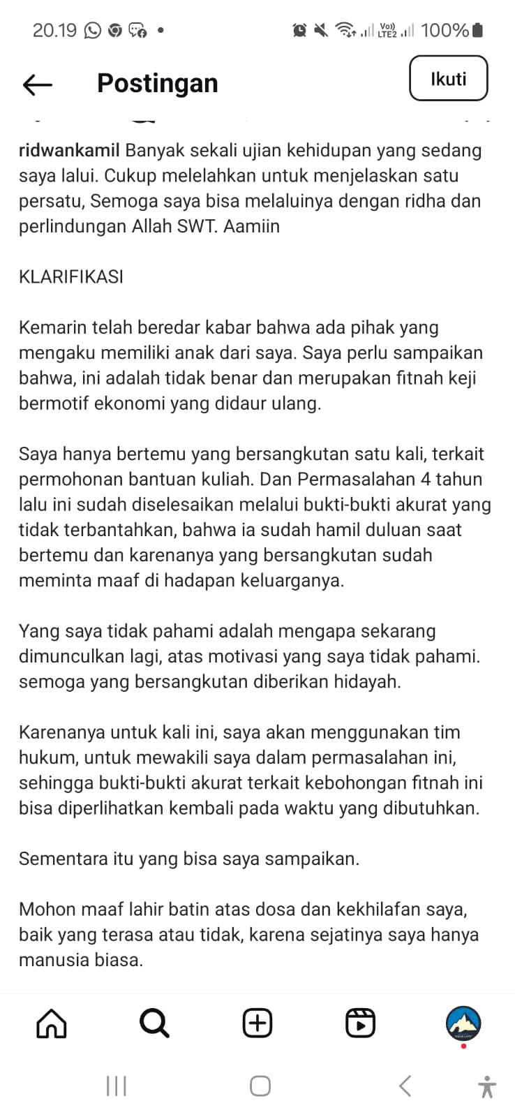 Isi klarifikasi Ridwan Kamil soal tudingan selingkuh dengan Lisa Mariana.