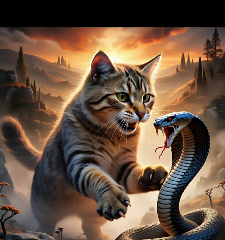 Kucing bertarung sengit melawan ular berbisa.