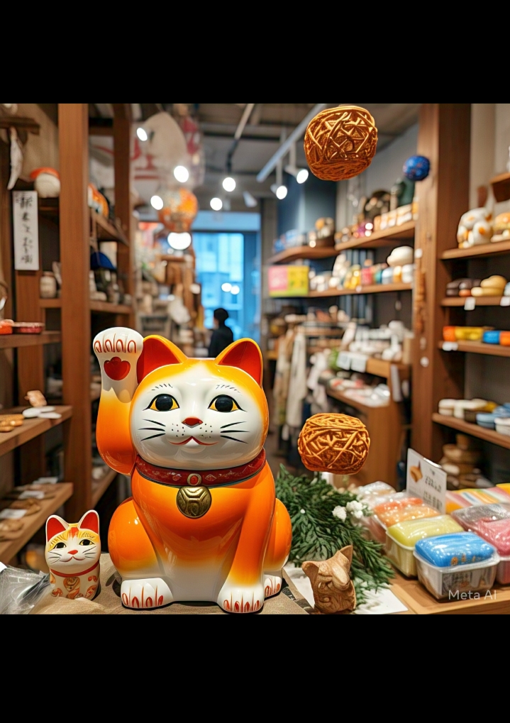 Maneki neko, patung kucing melambai biasanya ditaruh di rak atau etalase pertokoan.