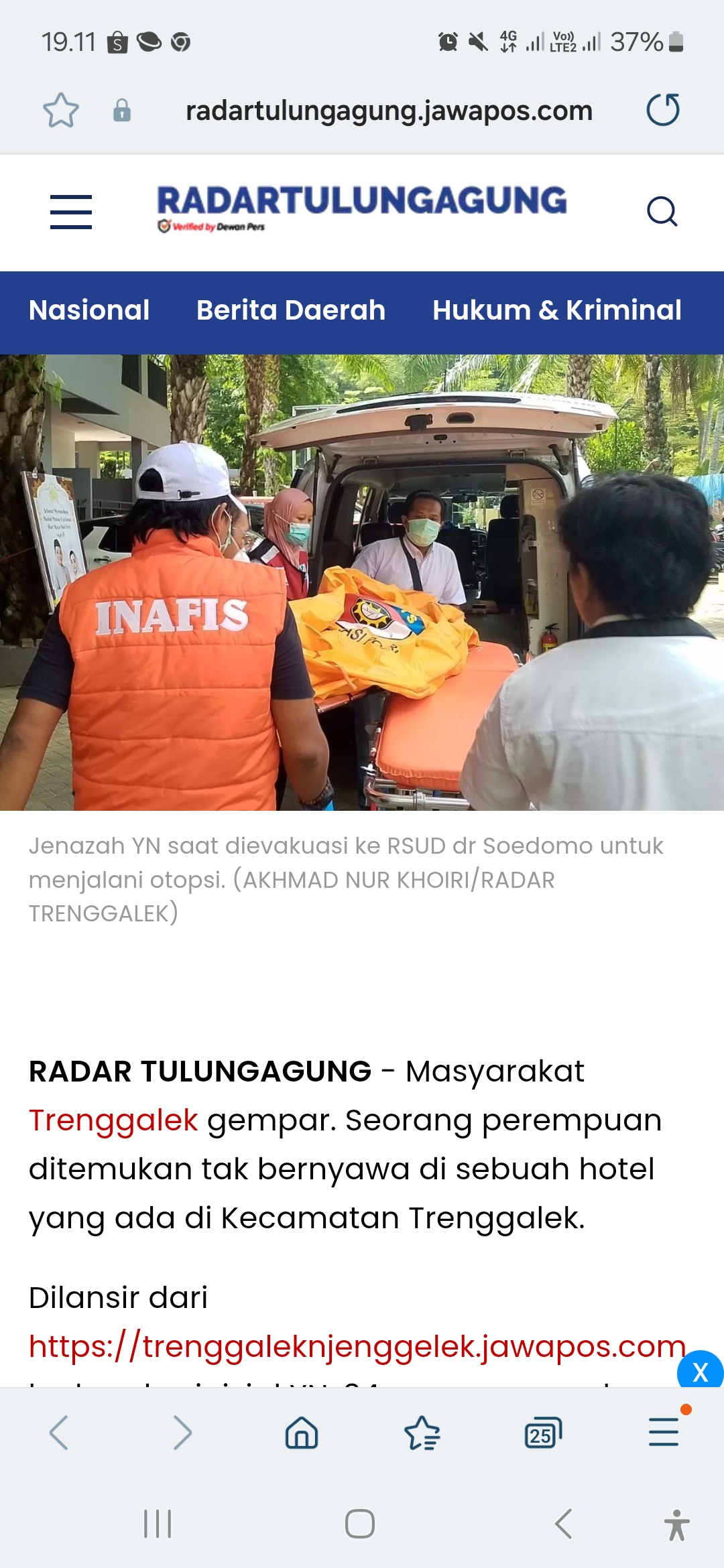 Wanita asal Ponorogo dibunuh kekasihnya di sebuah hotel di Trenggalek.