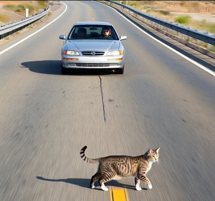 Kucing sering tiba-tiba menyeberangi jalan raya.