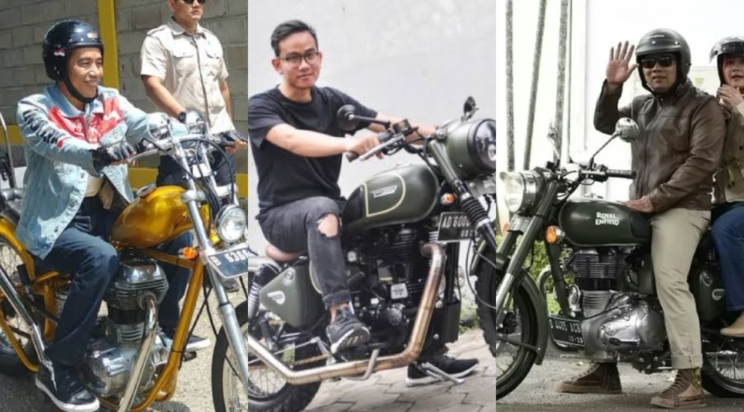 Jokowi, Gibran, dan Ridwan Kamil menunjukkan koleksi Royal Enfield Classic milik mereka.