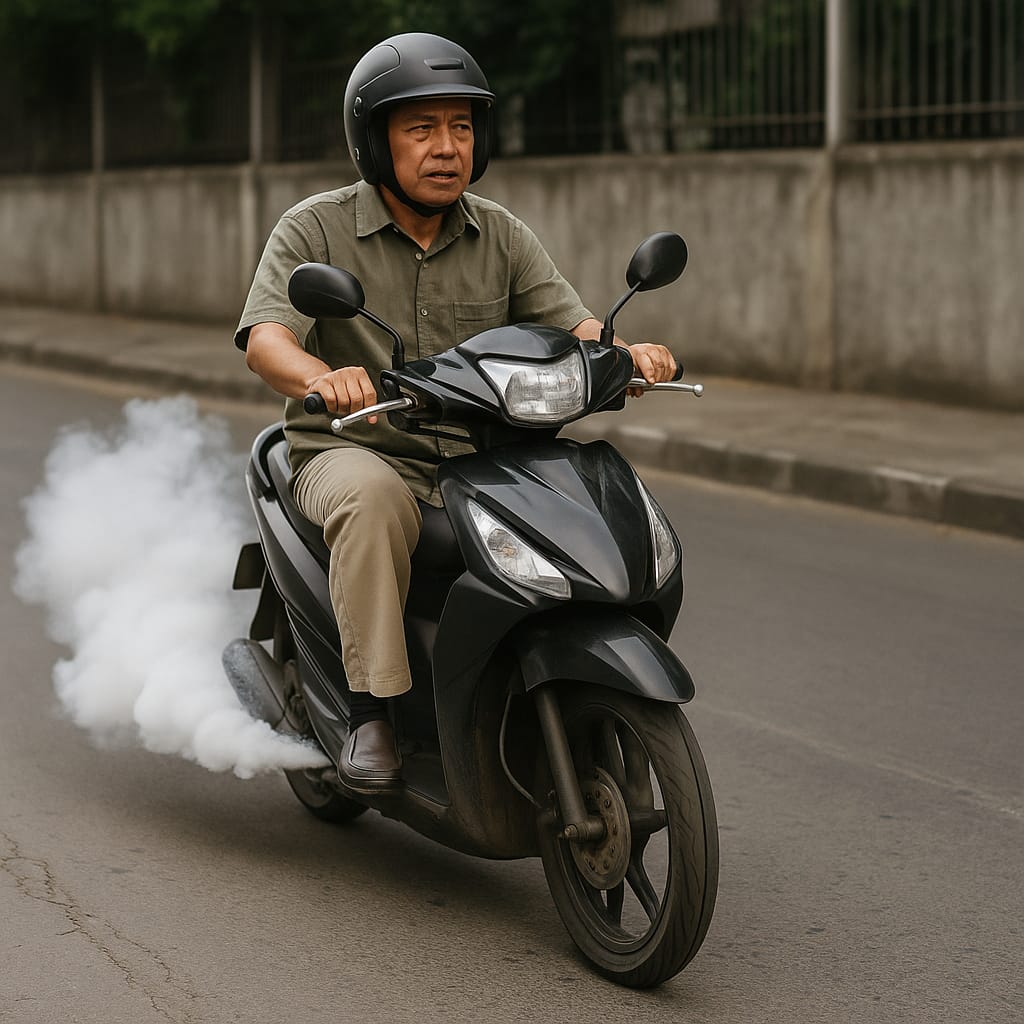 Ilustrasi knalpot motor mengeluarkan asap putih.