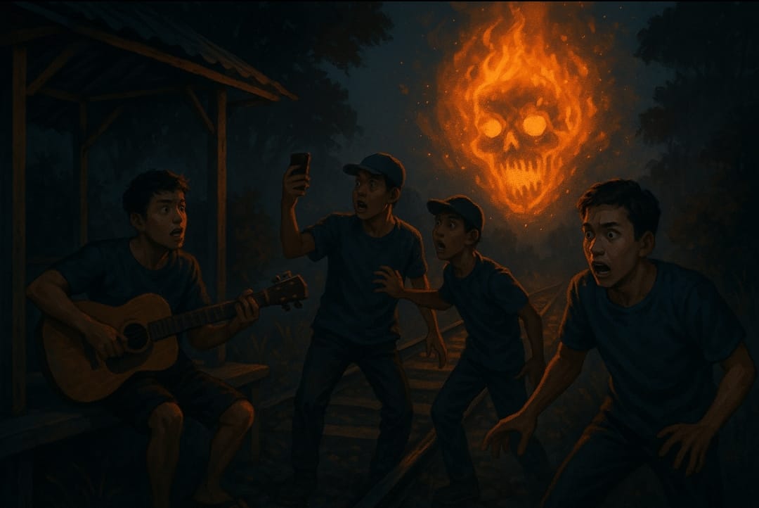 Cerita misteri teror gaib di rel kereta api bekas lokasi kecelakaan.