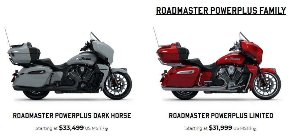 Roadmaster Powerplus Dark Horse (abu-abu) dan Roadmaster Powerplus Limited (merah) jadi dua varian moge touring baru dari Indian Motorcycle yang siap menantang dominasi Harley-Davidson.