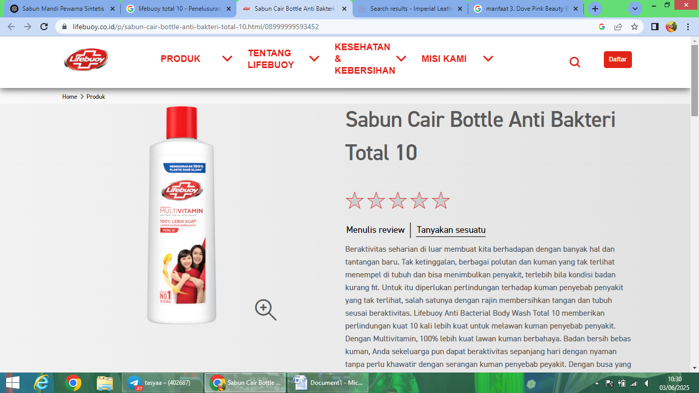 Sabun mandi dengan kandungan bahan pewarna kosmetik berlebih.