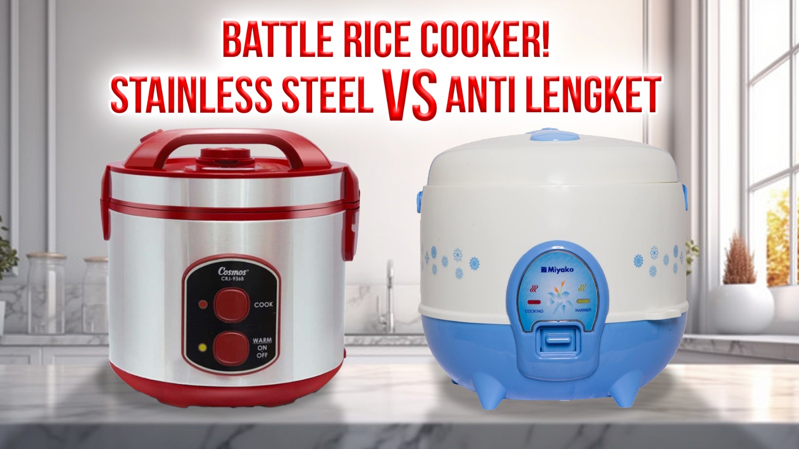 Ilustrasi perbedaan rice cooker stainless steel dan teflon.