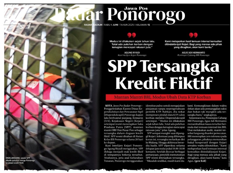 DIGELANDANG: Kejari Ponorogo menetapkan Saka Pradana Putra alias SPP, eks mantri BRI Unit Pasar Pon Ponorogo sebagai tersangka dalam dugaan kasus kredit fiktif.