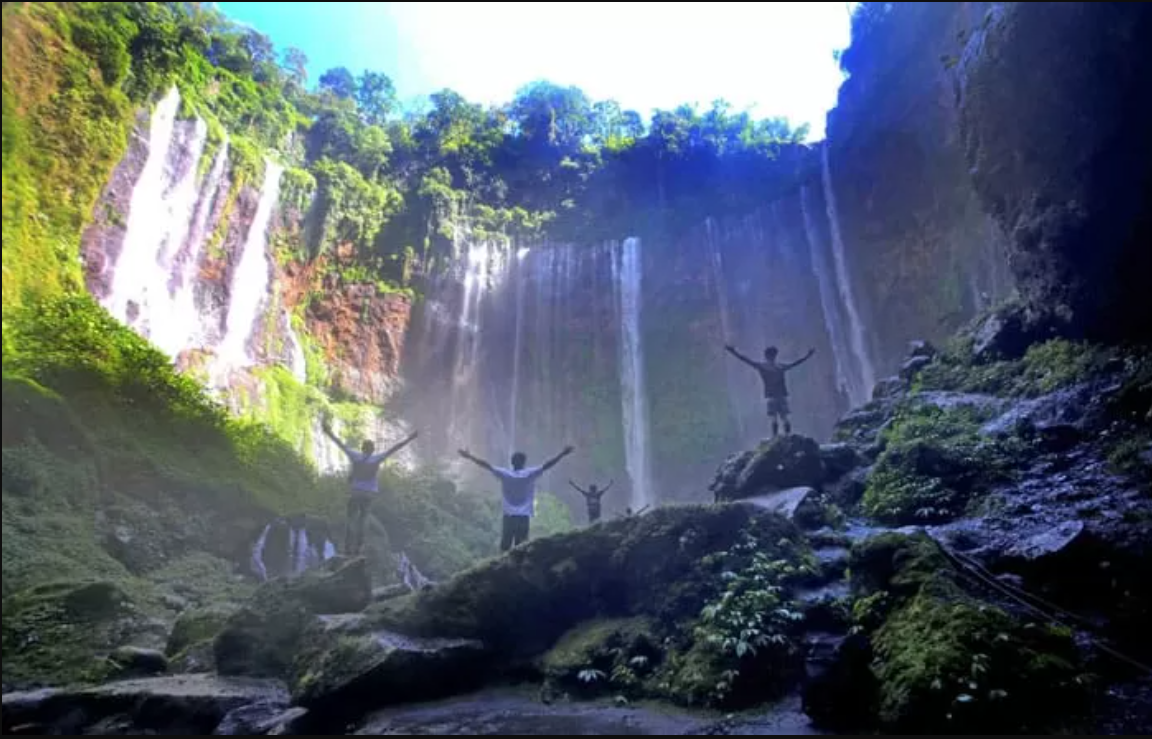 Air Terjun Tumpak Sewu (alias Coban Sewu) menyuguhkan air terjun setinggi 120 meter yang mengalir seperti tirai lebar.