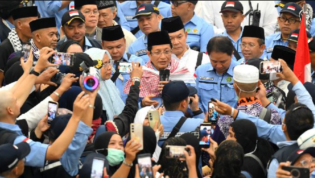 Menteri Agama Nasaruddin Umar sambutan pemulangan jamaah haji Indonesia di Hotel Moro Alalameyah, Makkah, Arab Saudi, (10/6).