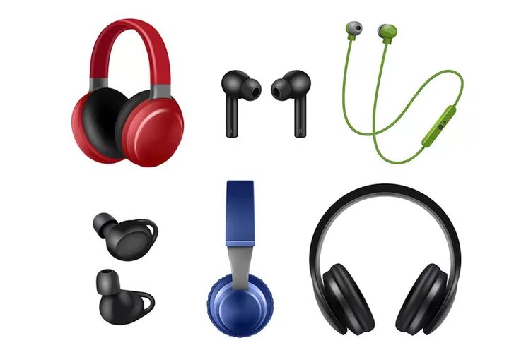 Ilustrasi perbedaan headset, headphone, dan earphone.