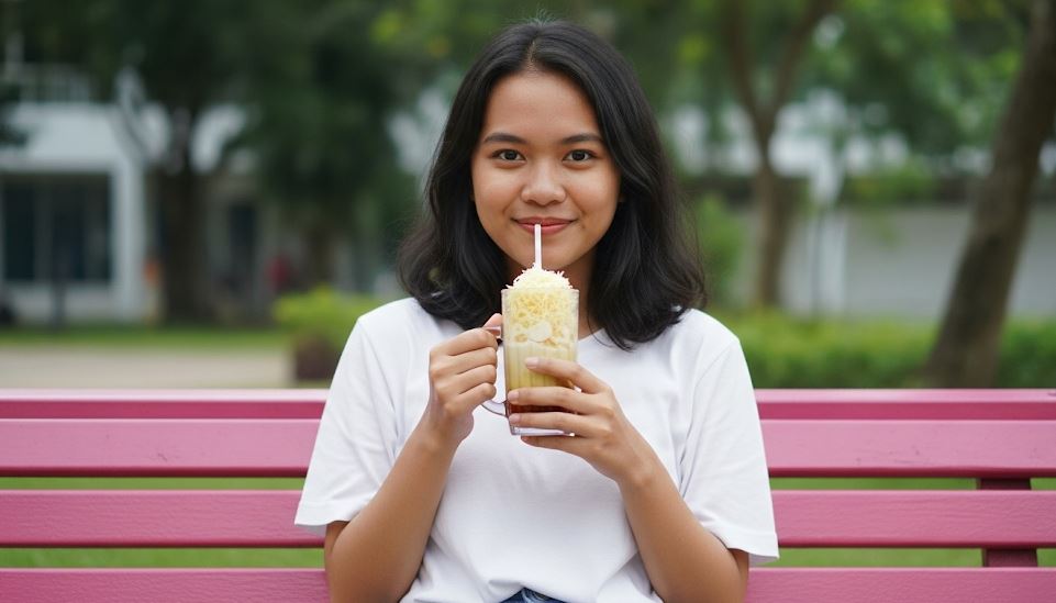 Satu suap langsung jatuh cinta! Es teler santan ini lumer, segar, dan manisnya pas banget buat cuaca panas!