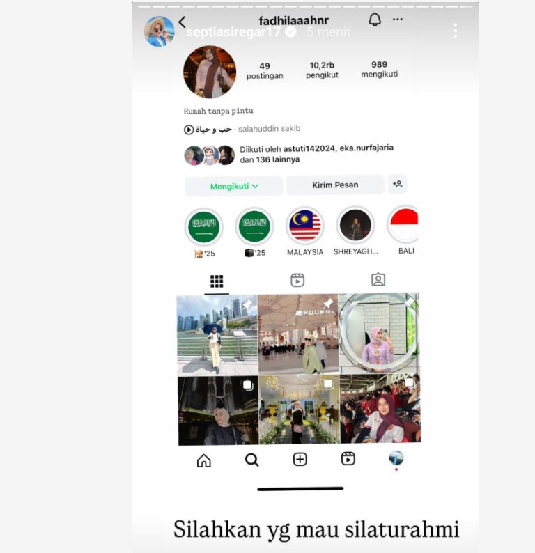 Septi Yetri membahikan akun Fadhila yang disebut sebagai selingkuhan suaminya, Putra Siregar.