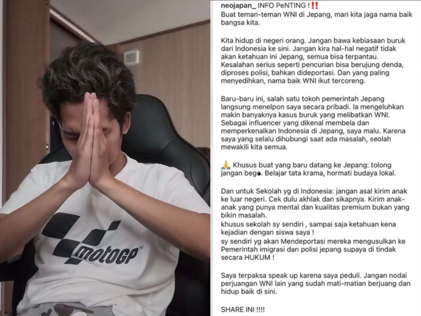 YouTuber asal Indonesia, Dian Kusuma alias Neo Japan, menerima telepon langsung dari pejabat Jepang yang mengeluhkan meningkatnya pelanggaran hukum oleh WNI di sana.