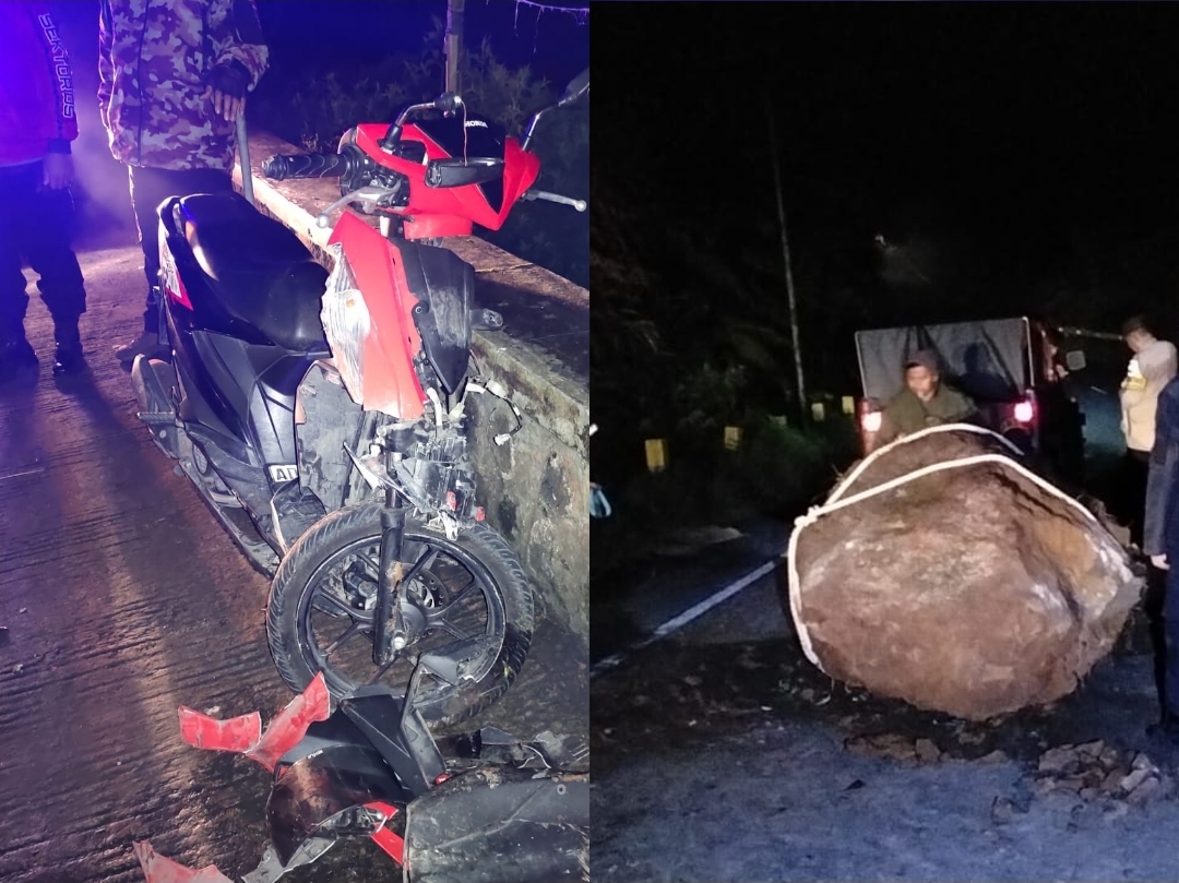 Batu raksasa jatuh di Jalur Tawangmangu Sarangan, pengendara luka-luka.