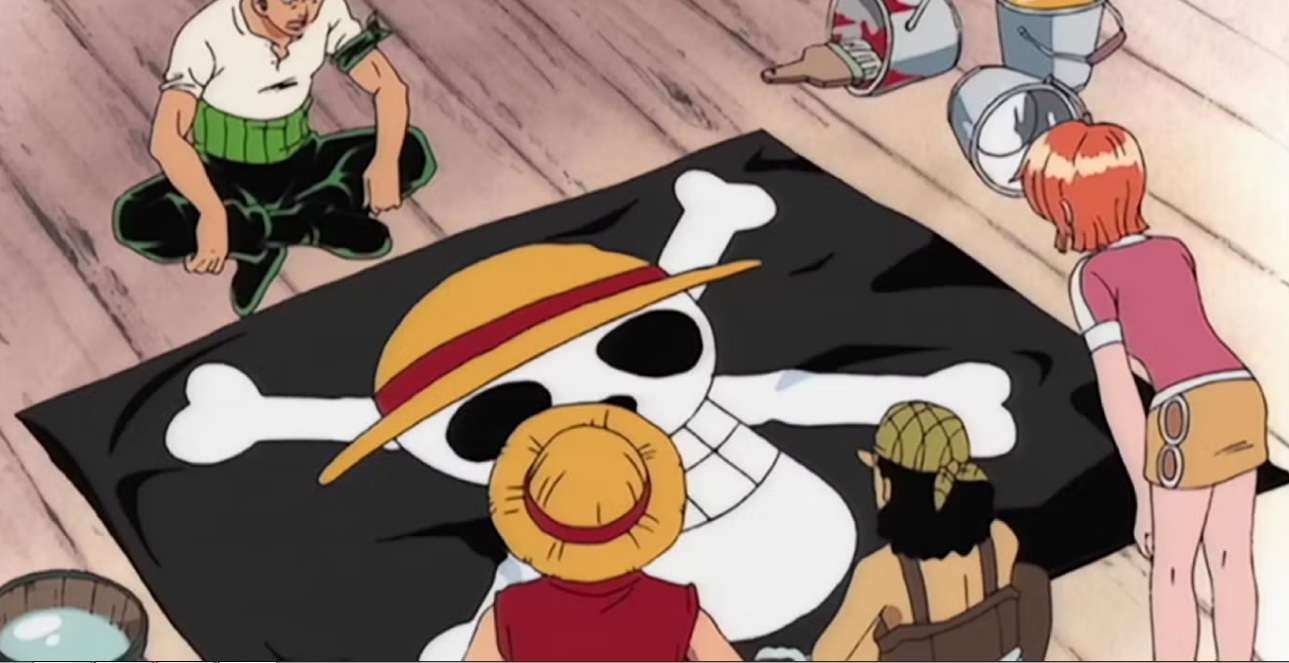 Momen Usopp menggambar jolly roger Topi Jerami One Piece.