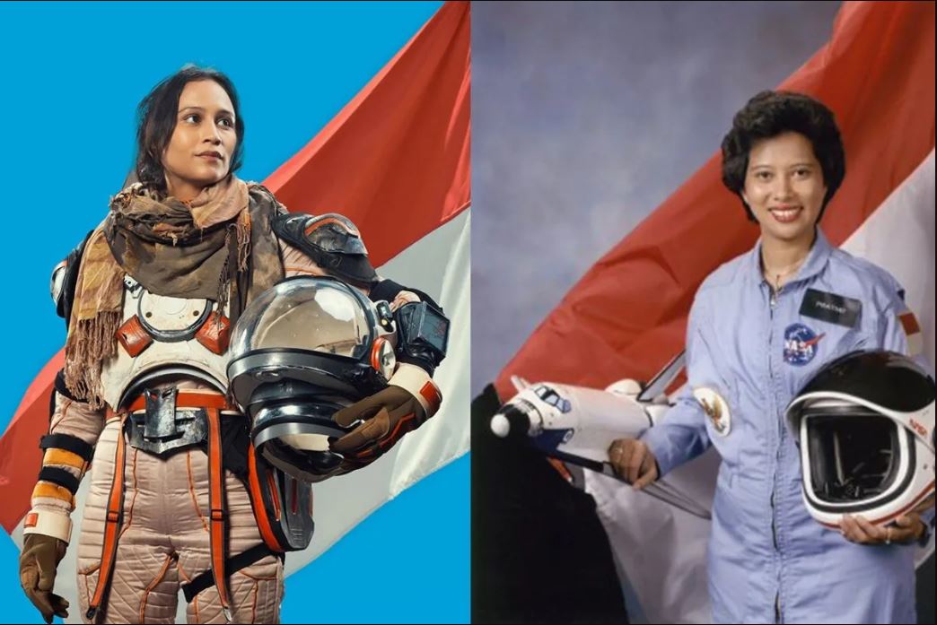 Karakter Pratiwi dalam film Pelangi di Mars (kiri) dan foto astronot Pratiwi Sudarmono (kanan).