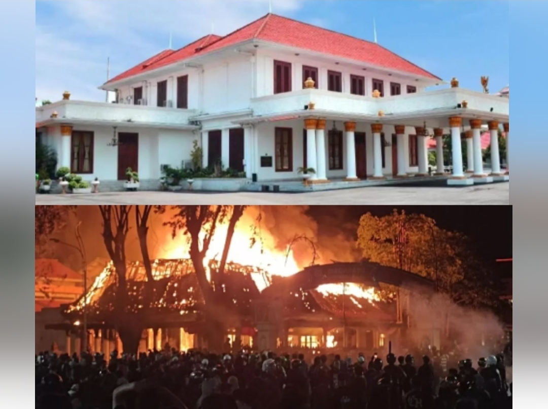 Foto atas Gedung Grahadi, cagar budaya warisan era kolonial, foto bawah Gedung Negara Grahadi jadi sasaran amuk massa.