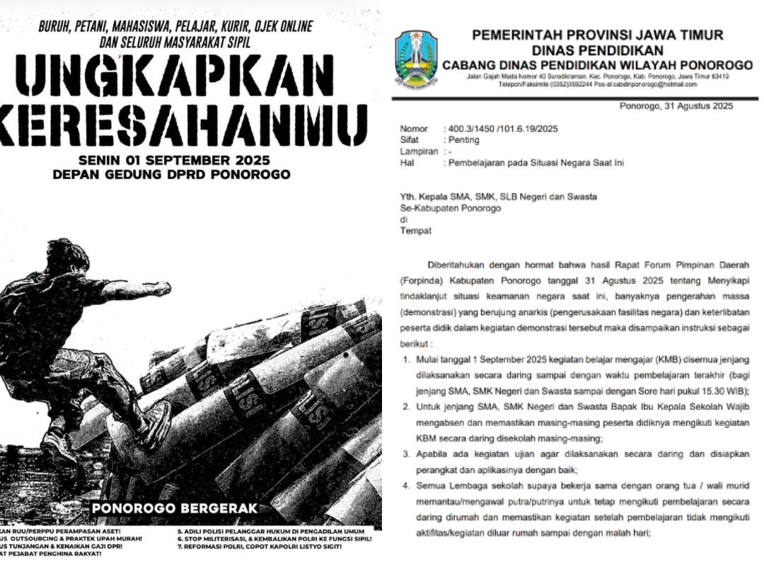 Cabdindik Jatim menginstruksikan seluruh sekolah di Ponorogo menerapkan pembelajaran daring seiring beredarnya foto kiri, ajakan aksi demo 1 September.
