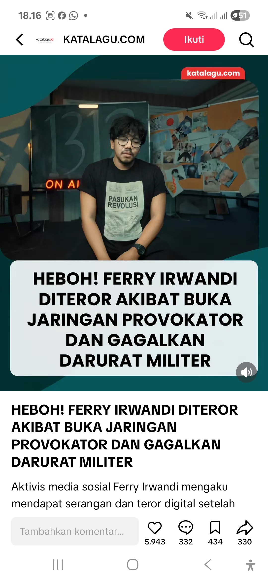 Ferry Irwandi mengaku diteror usai membongkar jaringan provokator dalam aksi demo yang berakhir ricuh dan anarkis.