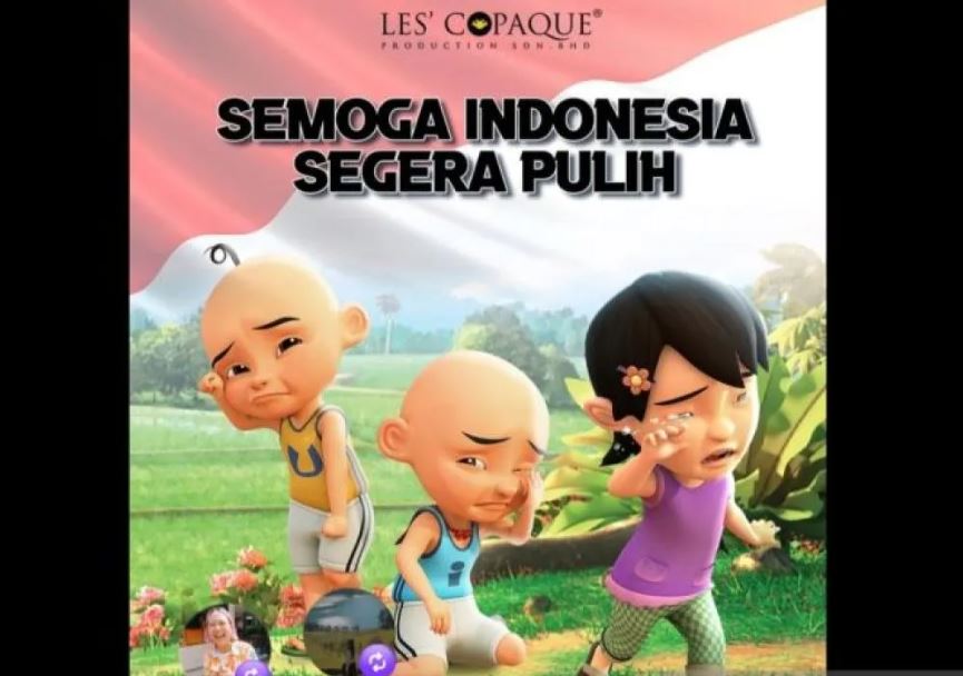 Upin, Ipin, dan Susanti menangis sembari mendoakan: Semoga Indonesia segera pulih.