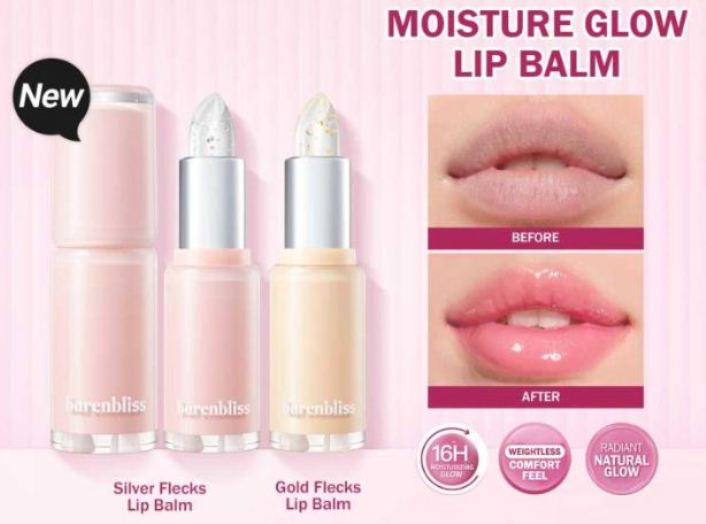 Barenbliss Lip Balm dengan kilau butiran emas dan perak.