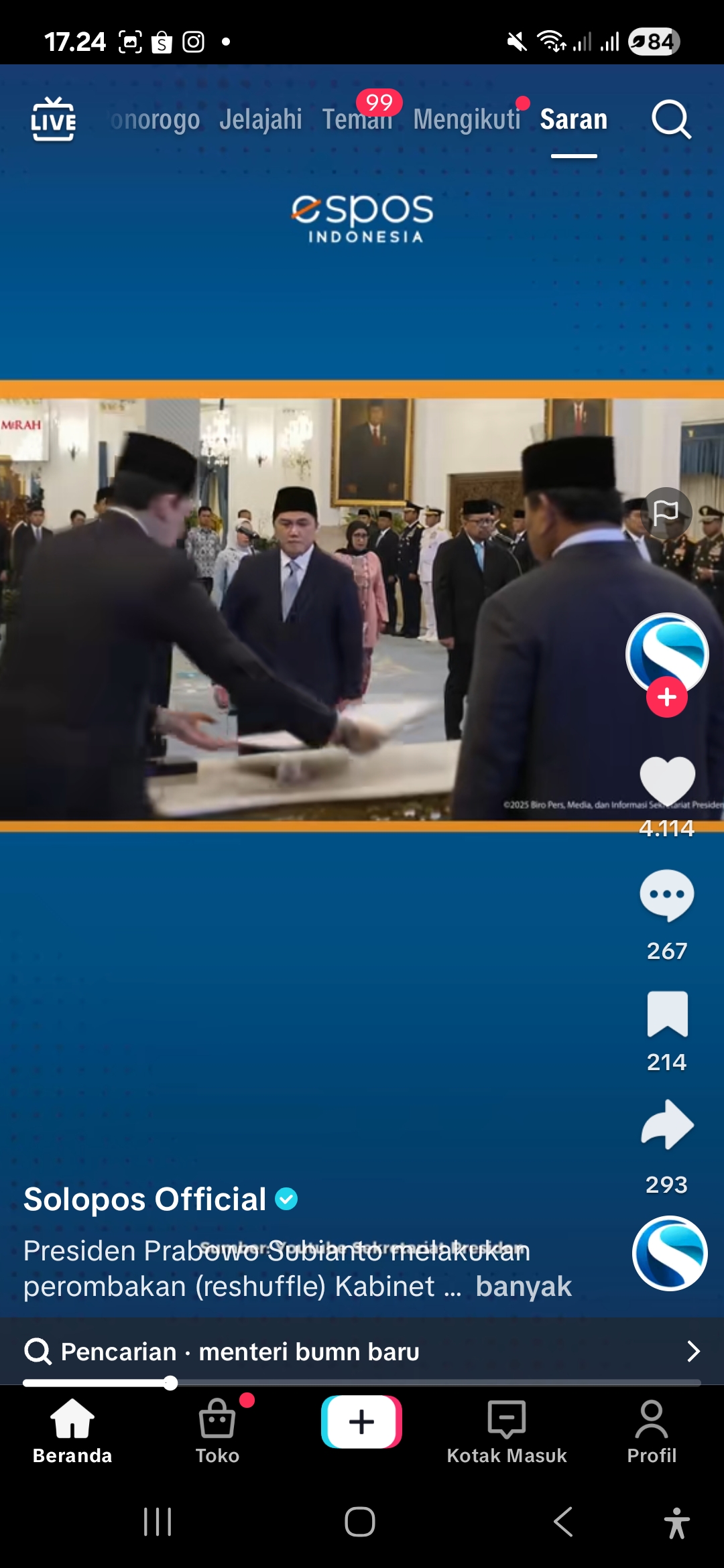 Prabowo Lantik Erick Thohir sebagai Menpora.