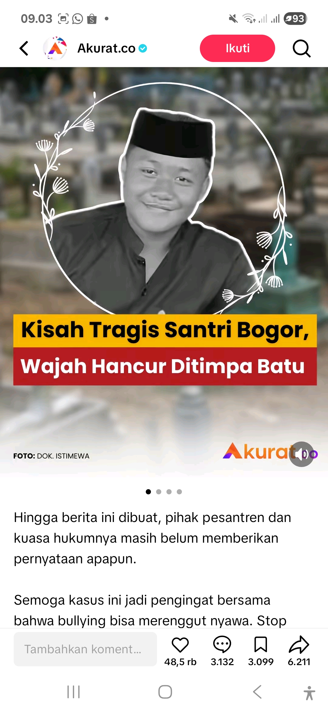 Fadil Ulum Hanafiz santri Bogor di Pesantren Darul Rahman tewas dengan mengenaskan.
