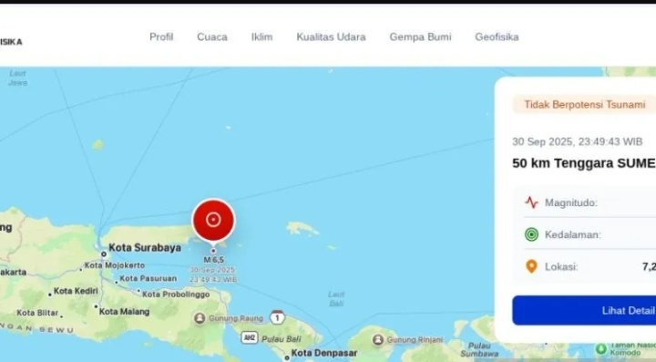 Gempa bumi berkekuatan magnitudo 6,5 mengguncang wilayah Kabupaten Sumenep, Jawa Timur, Selasa (30/9) malam sekitar pukul 23.49 WIB.