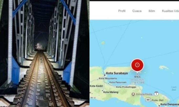 Petugas KAI Daop 9 Jember memeriksa jalur rel usai gempa Sumenep, demi pastikan perjalanan kereta tetap aman. (kolase Antara)