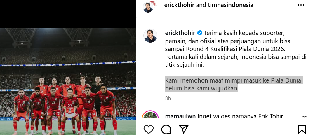 Unggahan Erick Thohir usai Timnas Indonesia kalah dari Timnas Irak