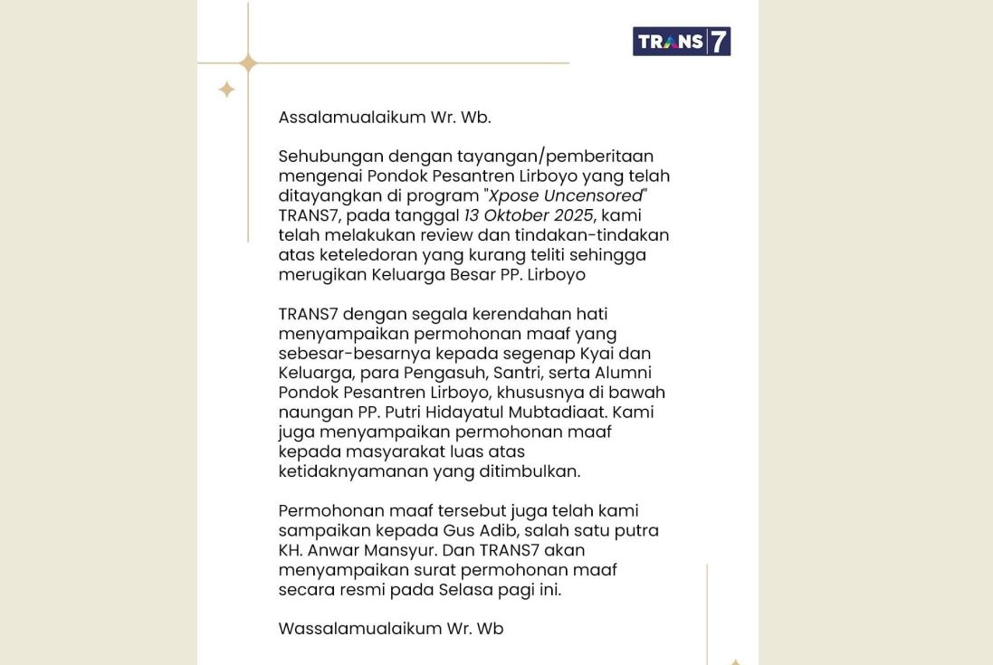Trans 7 minta maaf ke Ponpes Lirboyo usai viral tagar #boikottrans7.