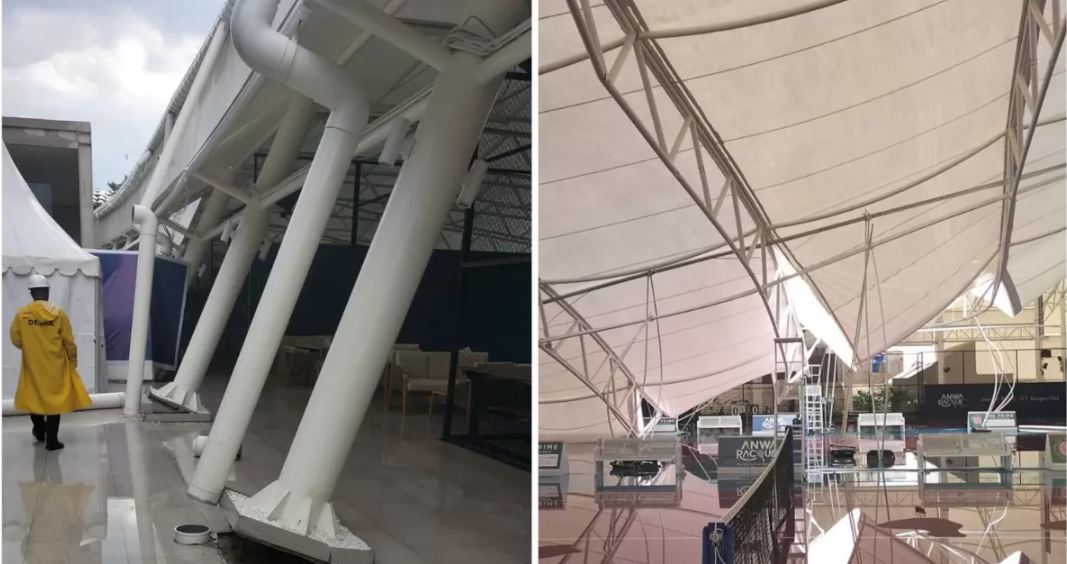 Atap lapangan padel Anwa Racquet Club roboh karena hujan deras dan angin kencang, pengunjung berhamburan, korban luka nihil.