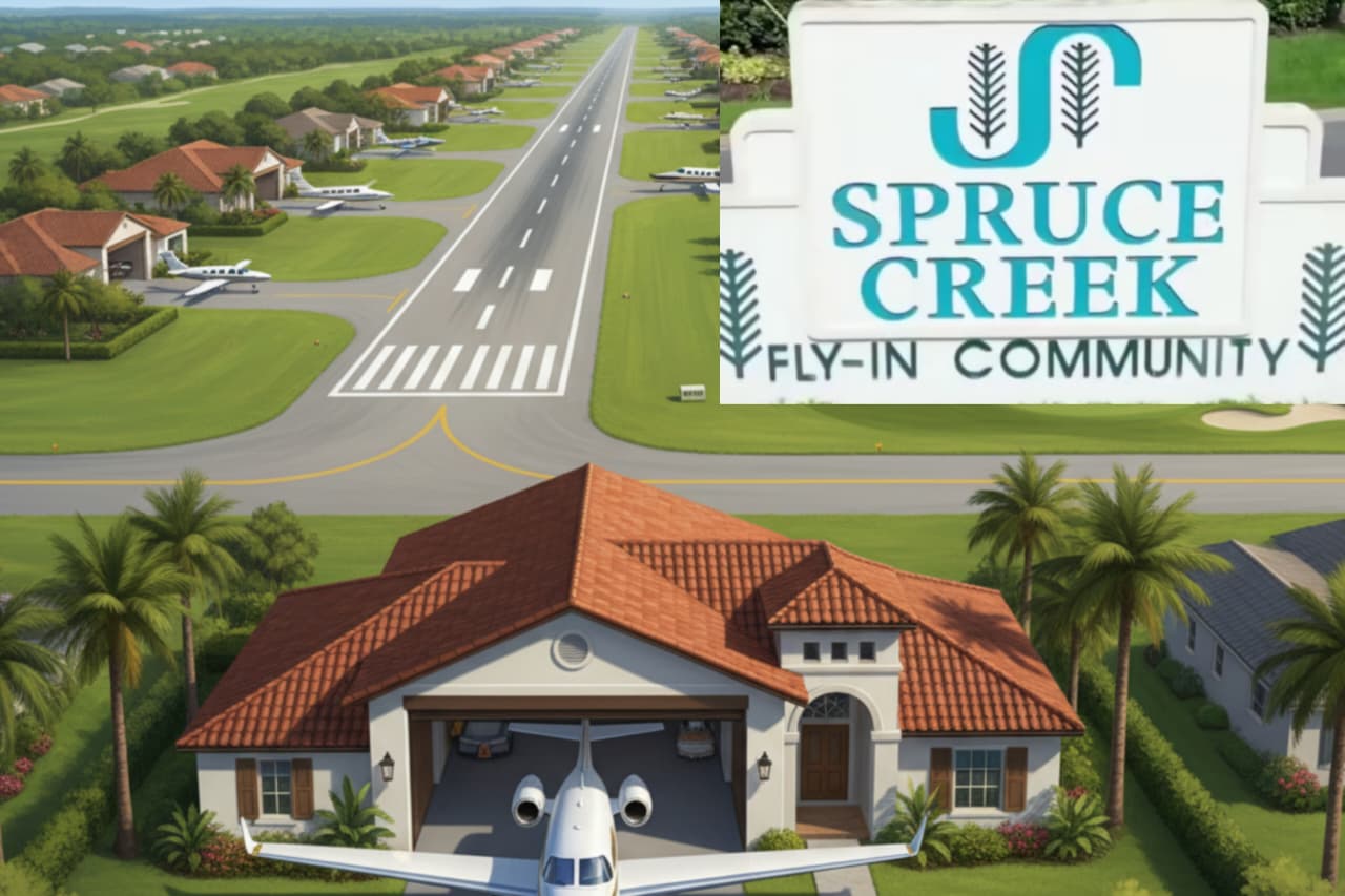ilistrasi Spruce Creek Fly -in sebuah perumahan elit, setiap orang punya pesawat pribadinya.