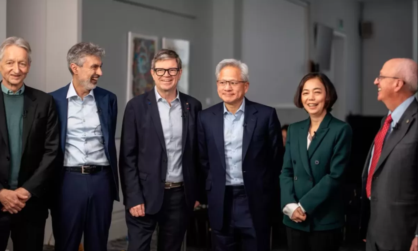 Dari kiri ke kanan, ilmuwan komputer Geoffrey Hinton dan Yoshua Bengio, Kepala AI Meta Yann LeCun, CEO Nvidia Jensen Huang, serta ilmuwan komputer Fei-Fei Li dan Bill Dally.