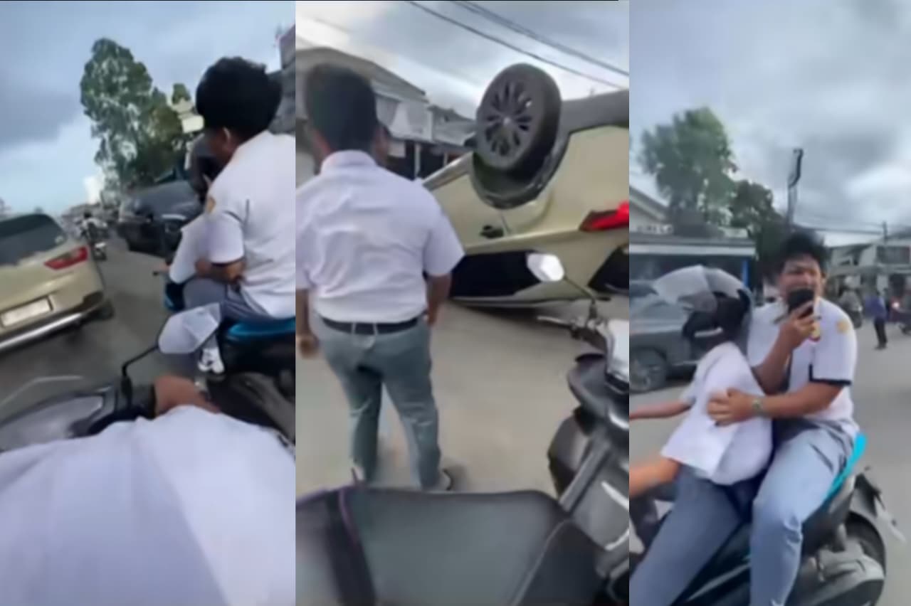 pelajar sma yang mengejar mobil dan meneriaki mesum, buat mobil br-v terbalik