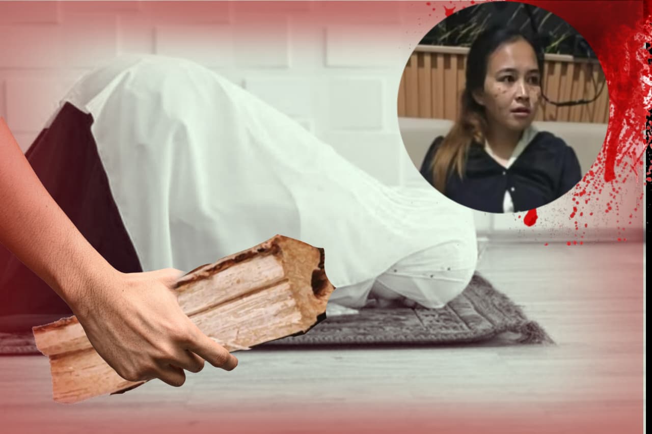 ilustrasi seorang wanita yang dibunuh dengan balok kayu ketika sholat.