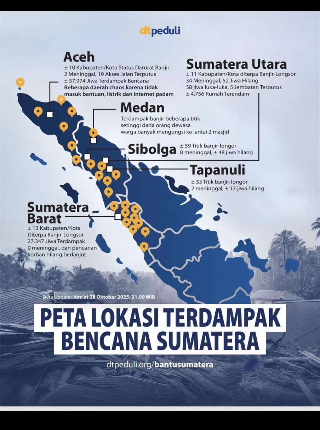 37 Kabupaten Kota Terdampak Bencana di Sumatra Ini Peta Lokasinya lengkap (DTPeduliBekasi)