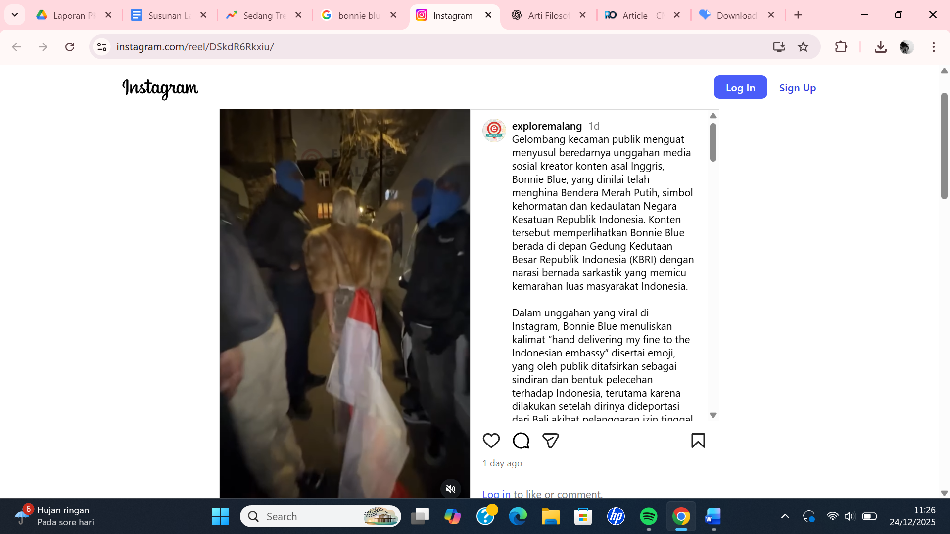 Aktris Konten Dewasa Bonnie Blue Kembali Tuai Kecaman, Diduga Lecehkan Bendera Merah Putih di KBRI London (instagram: exploremalang)