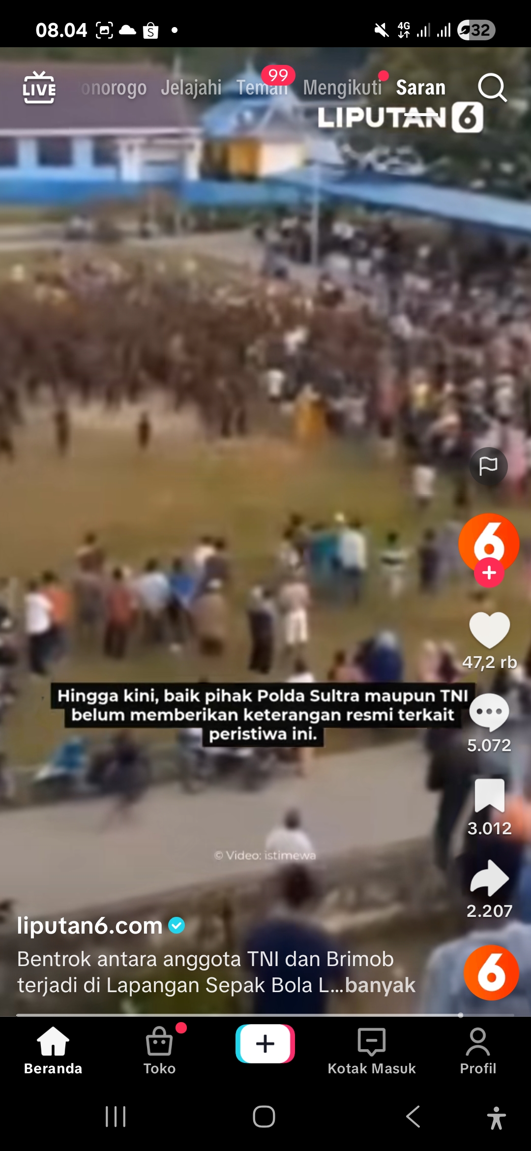 Kericuhan pecah usai laga persahabatan sepak bola antara tim internal TNI dan Brimob di Lapangan Lakarada, Kecamatan Batauga, Kabupaten Buton Selatan, Minggu (4/1/2026).