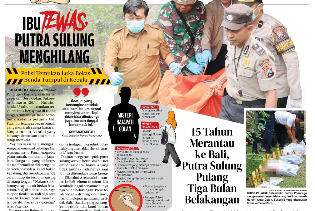 Nuraini, seorang janda ditemukan tewas di rumahnya di Desa Golan, Sukorejo, Ponorogo.