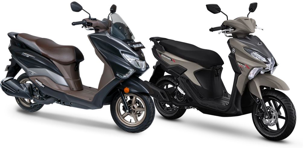 Foto: Suzuki Burgman Street 125 EX (kiri) dan Yamaha Gear Ultima Hybrid (kanan), dua matic irit terbaik 2026.