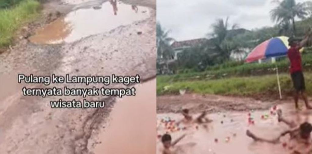 Caption Foto: Mengintip rekaman viral dari warga Lampung Timur yang memperlihatkan desanya kini punya wisata baru pada jalanan berlumpur.