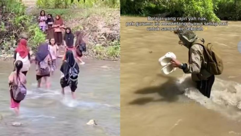 Siswa dan guru di Sulawesi Tengah harus menyeberangi sungai saat pergi sekolah.