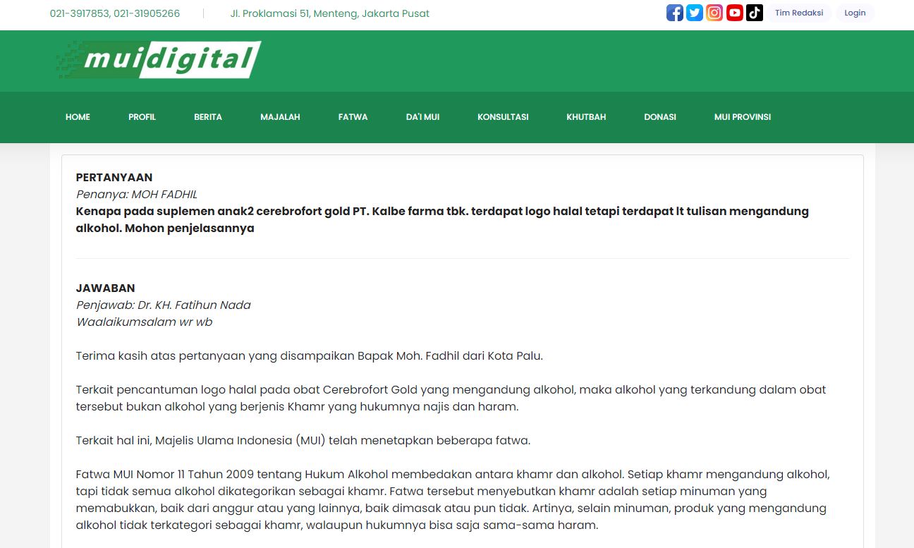 Pertanyaan soal kandungan alkohol pada Cerebrofot mengemuka di MUI Digital.