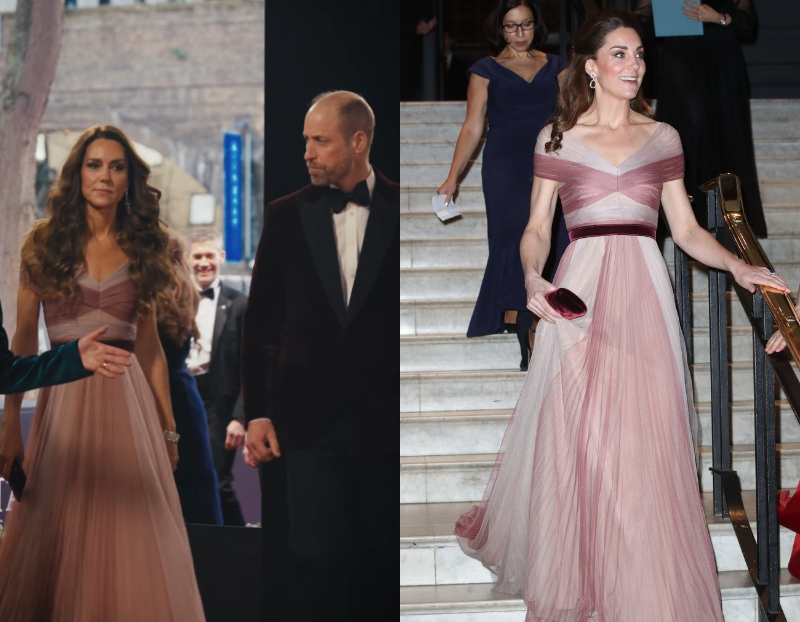 Kate Middleton repeating outfit Bafta 2026 (kiri) - Gala dinner 2019 (kanan)