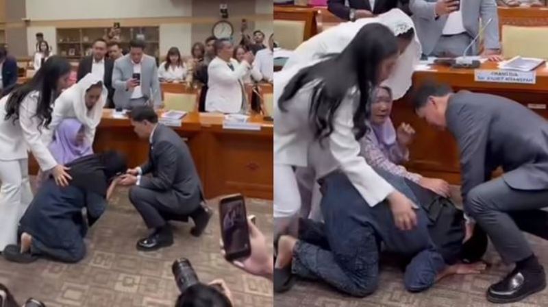 Caption Foto: Ibu ABK Fandi bersimpuh di hadapan Ketua Komisi III DPR RI usai RDPU terkait kasus penyelundupan sabu 2 ton. 